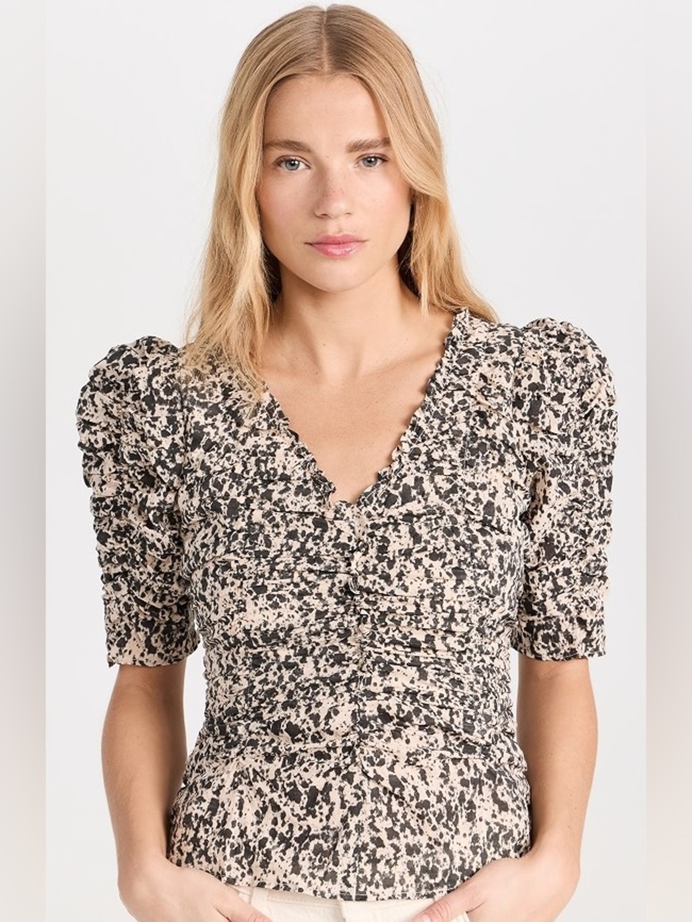 SEA New York Ruched Puff Sleeve Print Peplum Top Size 4 NWT